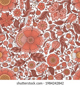 Seamless red floral pattern, springsummer backdrop. Hand drawn surface design with flowers in garden. Can be used for wallpapers, pattern fills, surface textures.