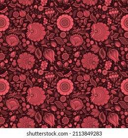Seamless red floral pattern, springsummer backdrop. Hand drawn surface design with flowers in garden. Can be used for wallpapers, pattern fills, surface textures.