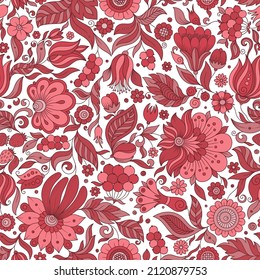 Seamless red floral pattern, springsummer backdrop. Hand drawn surface design with flowers in garden. Can be used for wallpapers, pattern fills, surface textures.