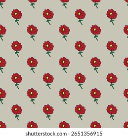 Seamless Red Flower Pattern on Beige Background Vector Design