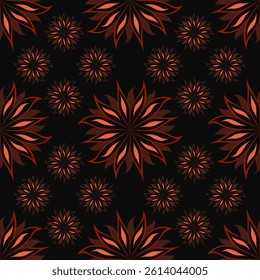 Seamless red flower petal pattern. Hand drawn. Abstract analytical style on black background. For textile, wallpaper, graphic design and digital art.