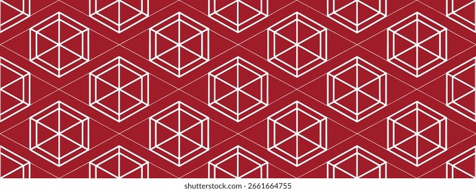 Padrão geométrico vermelho contínuo com formas de cubo de hexágono contornadas em branco. Fundo abstrato elegante ideal para impressões têxteis, embalagens de produtos e aplicações digitais modernas.