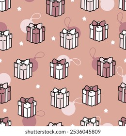 Seamless Red Gift Boxes with Ornaments Silhouettes. Perfect for winter, Christmas, and party-themed designs. This pattern offers a versatile backdrop for fabric, wrapping paper, or home decor.