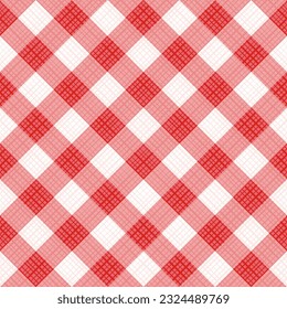 Seamless red gingham fabric cloth, tablecloth, pattern, swatch, background, or wallpaper with fabric texture visible. Single tile here.
