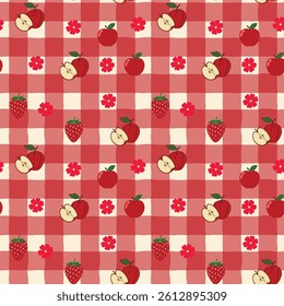 Seamless Red Gingham Pattern with Apples, Strawberries, and Flowers – Cute Kawaii Fruit Picnic Design