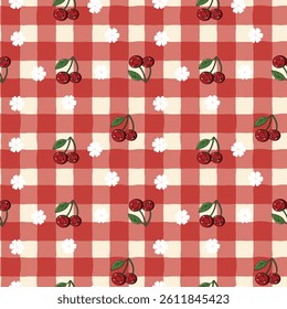 Seamless Red Gingham Pattern with Cherries and White Flowers – Cute Summer Picnic Design