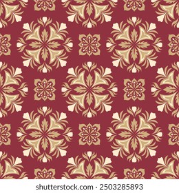 Seamless red and gold damask pattern background with intricate floral and ornamental motifs. Perfect for wallpaper, textiles, home decor, rugs, curtains, digital design and luxury branding. 
