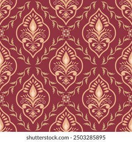 Nahtloser, roter und goldener Damastmuster-Hintergrund mit aufwändigen floralen und ornamentalen Motiven. Perfekt für Tapeten, Textilien, Wohndekoration, Teppiche, Vorhänge, digitales Design und Luxusmarken. 
