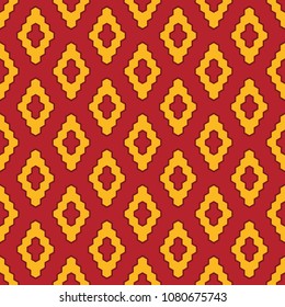 Seamless red and gold hexagonal outline diamond vintage textile tribal pattern vector