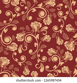 Seamless red and gold rose flowers vector background