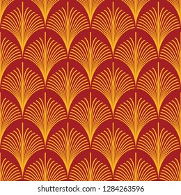 Seamless red and gold vintage art deco peacock fish scale wallpaper pattern vector