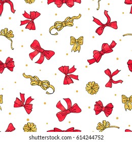 Seamless red and golden bows pattern. Vector celebration background for birthday, Christmas, New Year design. 