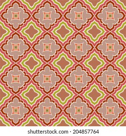 Seamless red and green abstract geometric vector wallpaper.