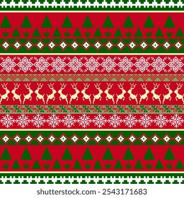 Seamless Red and Green Christmas Sweater Pattern, Reindeer and Tree Fair Isle, Winter Wonderland Knit