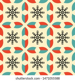 Seamless red and green geometric stylized flowers and snowflakes vector pattern - Fabric design collections