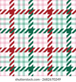 Padrão houndstooth vermelho e verde sem costura para o design de Natal, rosa e verde claro, fundo branco