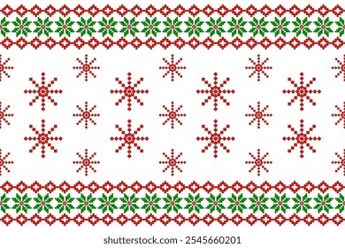 Seamless Red and Green Nordic Snowflake Pattern - Cozy Scandinavian Winter Design Ideal for Christmas Sweaters, Wrapping Paper, Festive Home Decor, Crafts, and Digital Projects with Vintage Pixel Art 