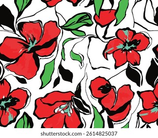 Seamless red and green pattern. Textile print and hand flower pattern design. Seamless pattern design for textile. White flower.For textile and fashion. Hand flower pattern design. 