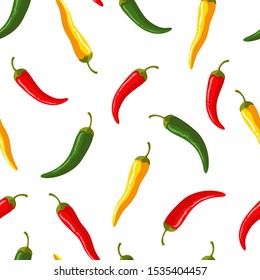 Seamless Red Green and Yellow Chili Pattern in White Background