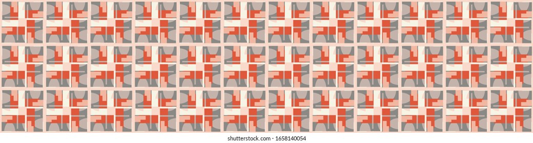 Seamless red grey vector geometric polygon border pattern. Mid century modern woven linen texture style banner background. Vintage 1950s warm color decorative edge. Geo abstract graphic ribbon trim