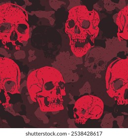 Patrón de camuflaje de Vector grunge rojo sin costuras con cráneos humanos incorporados