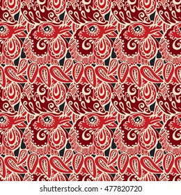 Seamless red hand-drawn pattern, waves background with rooster. Symbol of new year.