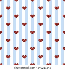 SEAMLESS RED HEART GLITTER  ON BLUE STRIPE BACKGROUND