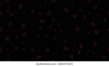Seamless red heart outline vector pattern on black background for valentine, wedding and romantic texture.