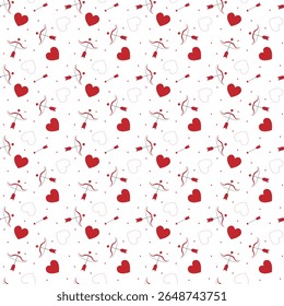 Padrão de coração vermelho contínuo com setas de amor e arcos românticos em um fundo branco