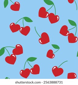 Seamless Red Heart shaped Cherry Pattern,Vector,Fabric Pattern Design