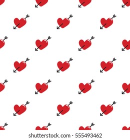 Seamless red hearts and arrow pattern on white background