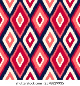 Seamless Red Ikat Diamond Pattern for Fashion, Textile Design and Decor. Ethnic Geometric Ikat Pattern. Traditional Tribal Ikat Design. Vector illustration.