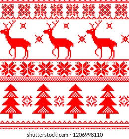  seamless red knitted christmas pattern with reindeer, christmas trees and snowflakes, Isolated, without background.