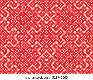 Fundo de tricô vermelho sem costura. Ornamento de suéter nórdico. Antigo padrão de malha russo. Design de moda decorativo. Design Gráfico de Natal