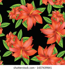 seamless red lily flower with green leaf pattern