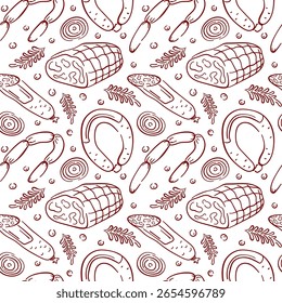 Padrão de estilo de arte de linha vermelha sem costura com salsicha, presunto, ervas aromáticas, fatia de cebola e pimenta. Perfeito para açougue, embalagem de alimentos, cozinha de fundo, menu ou design de cozinha de carne tradicional.