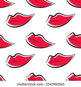 Seamless red lips on a white background pattern. Makeup fashion vector illustration. Pattern for wrapping, fashion, fabric, textile, banners, backgrounds