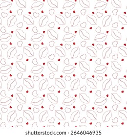 Padrão de lábios vermelhos sem costura com beijo romântico e corações. Glamourosa beleza fundo do amor