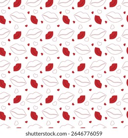 Seamless red lips pattern with romantic kiss and hearts. Glamorous romantic beauty design