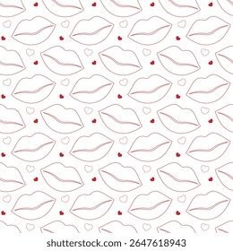 Padrão de lábios vermelhos sem costura com beijo romântico e corações. Design de amor de beleza glamourosa