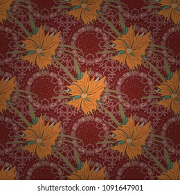 Seamless red, magenta and orange background with abstract flowers and elements. Vector retro illustration. Ideal for printing on fabric or paper.