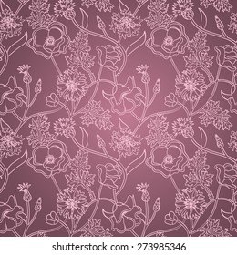 Seamless red natural pattern with flowers and leaves. Outline wallpaper.