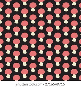 Patrón de setas rojas y blanquecinas sin costuras sobre un fondo negro. Esta es una Ilustración vectorial simple y plana de setas estilizadas de mosca agárica, ideal para tela, papel de regalo o diseño de Fondo de pantalla.
