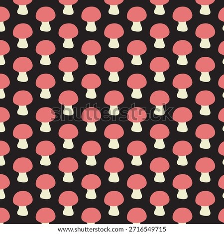 Seamless red and off-white mushroom pattern on a black background. This is a simple, flat vector illustration of stylized fly agaric mushrooms, ideal for fabric, wrapping paper, or wallpaper design.
