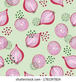 Seamless red onion pattern. Vegetable vector background.	