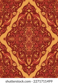 Seamless red and orange floral background with damask. Vector medieval pattern with stylized birds, vase and flowers.