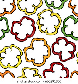 Seamless of Red, Orange, Green and Yellow Paprika Slices, Bell Pepper or Sweet Bulgarian Pepper Cuts. Isolated On a White Background. Realistic and Doodle Style Hand Drawn Sketch Vector Illustration.