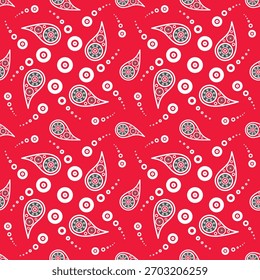 Seamless red paisley pattern with circular doodles and ornamental motifs