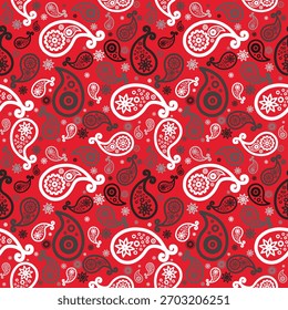 Patrón de paisley rojo sin costuras con lágrimas florales ornamentales blancas y negras