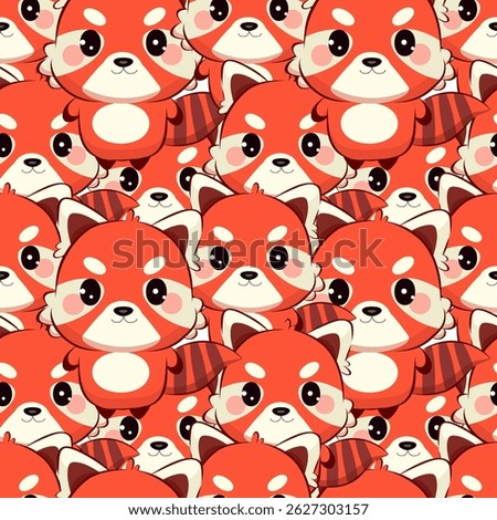 Seamless red panda pattern in kawaii chibi style. A cute cartoon mascot with big eyes and a fluffy tail. Perfect for childrens drawings, stickers, kindergarten decor, prints and educational materials